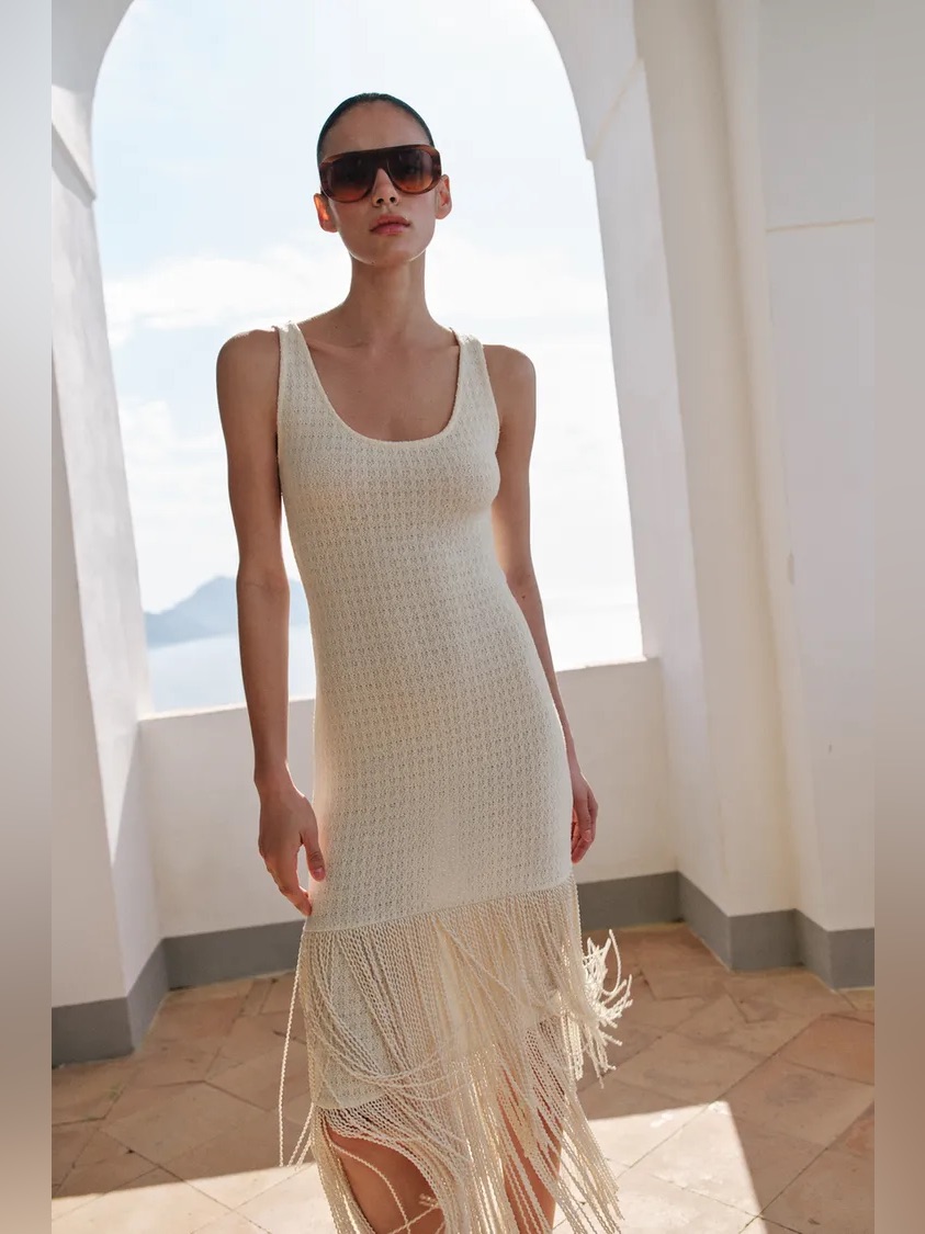 Zara Sleeveless Cream Crochet Fringe Midi Dress